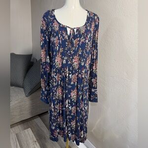 Sahalie Boho Floral Dress Navy Long Sleeve Tie Neck Pintuck Midi M